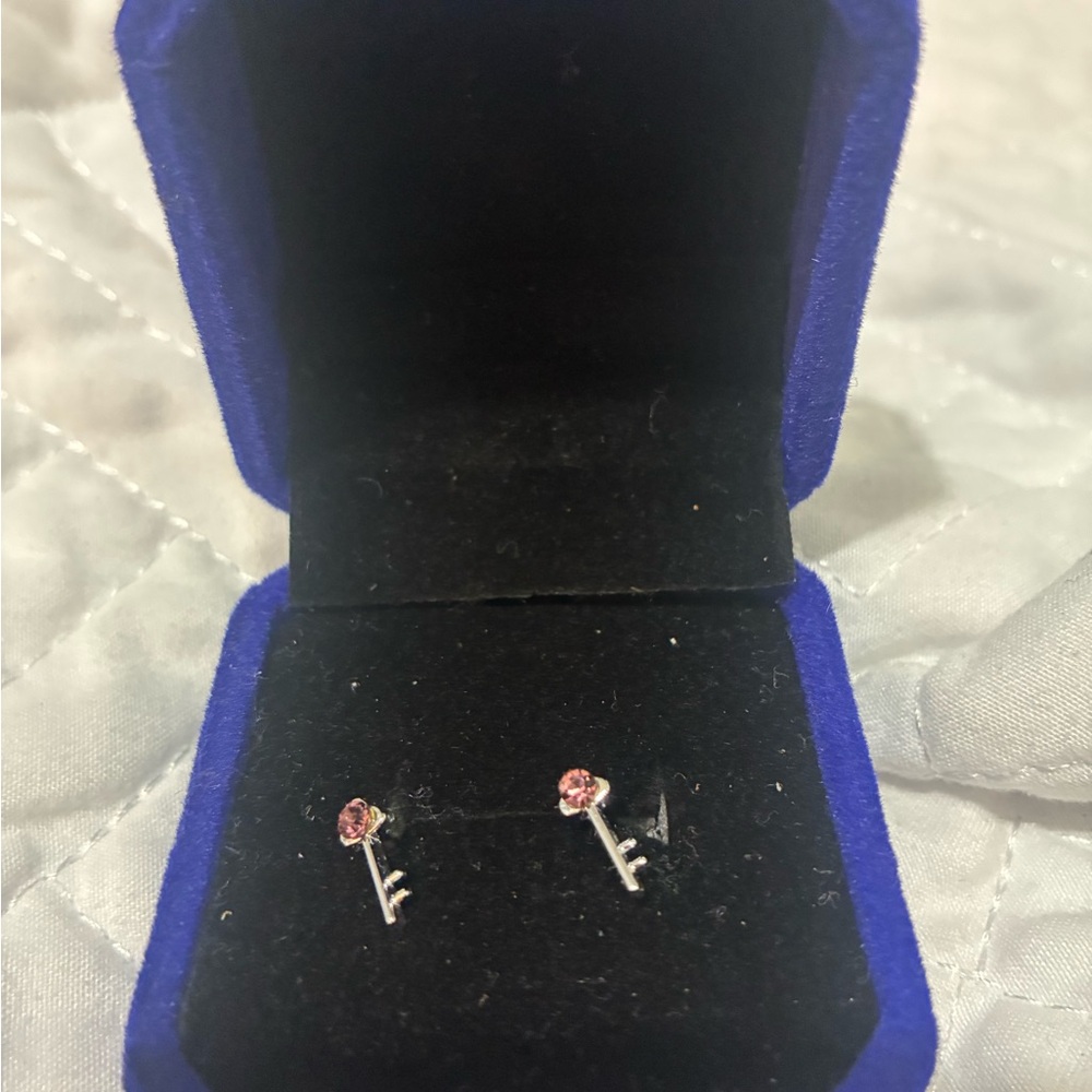 Elegant Silver Key Earrings with Pink Accents